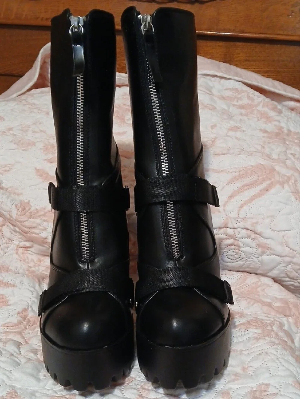 Women's Black Platform Heeled Ankle Boots with Front Zip